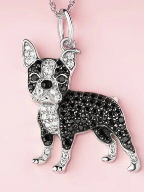 Boston Terrier Dog Breed Sterling Silver CZ Sparkle Pendant Necklace NEW